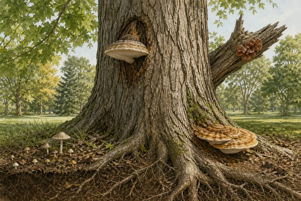 Distinct soil mushrooms, a trunk-wound conk, a root-flare bracket, and a different fungus on a dead limb