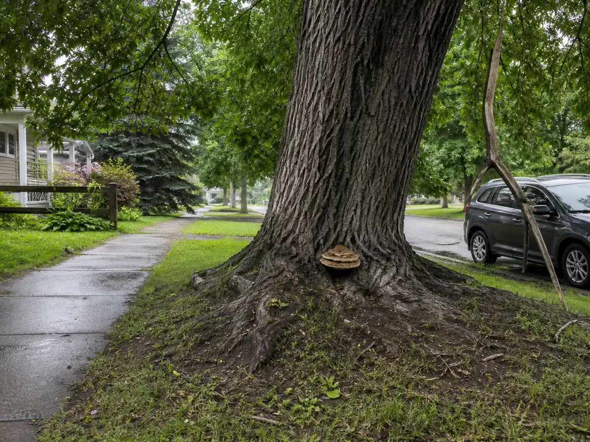 Mature yard tree with a root-flare conk, lifted soil, hanging branch, and marked target zone near a walkway and parked car