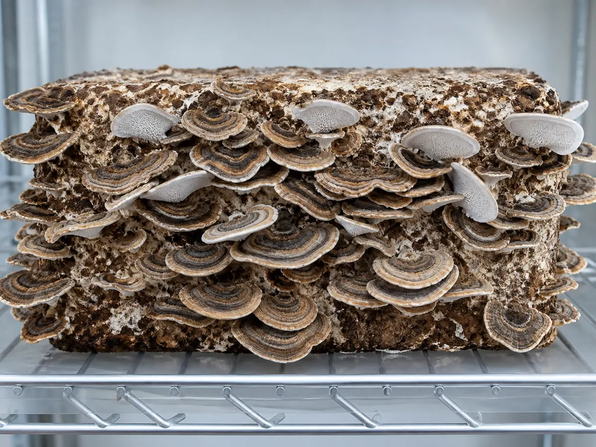Mature overlapping turkey tail fans attached to a hardwood block