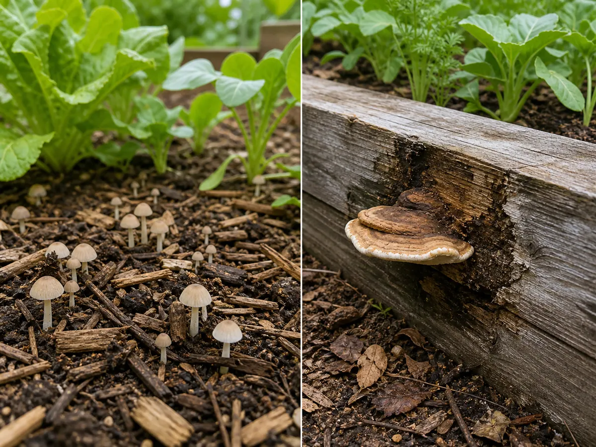 Mushrooms emerging through loose dead mulch compared with a fruiting body attached directly to weakened living wood
