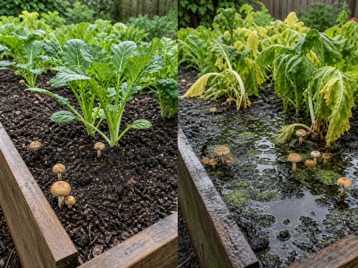 Healthy post-rain raised bed compared with a saturated bed showing yellow leaves, algae, and pooling water