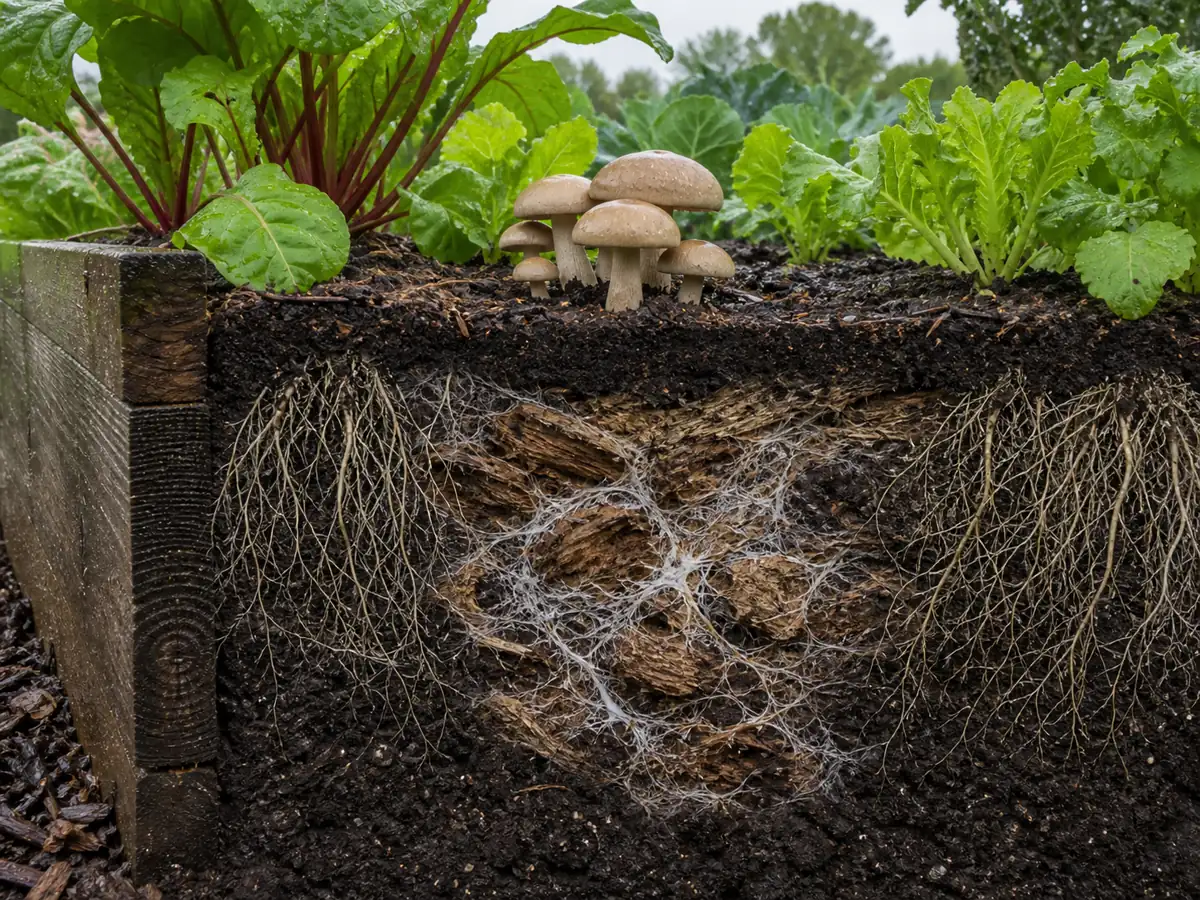 Raised bed cutaway showing mushroom caps above mycelium in woody material beside separate vegetable roots