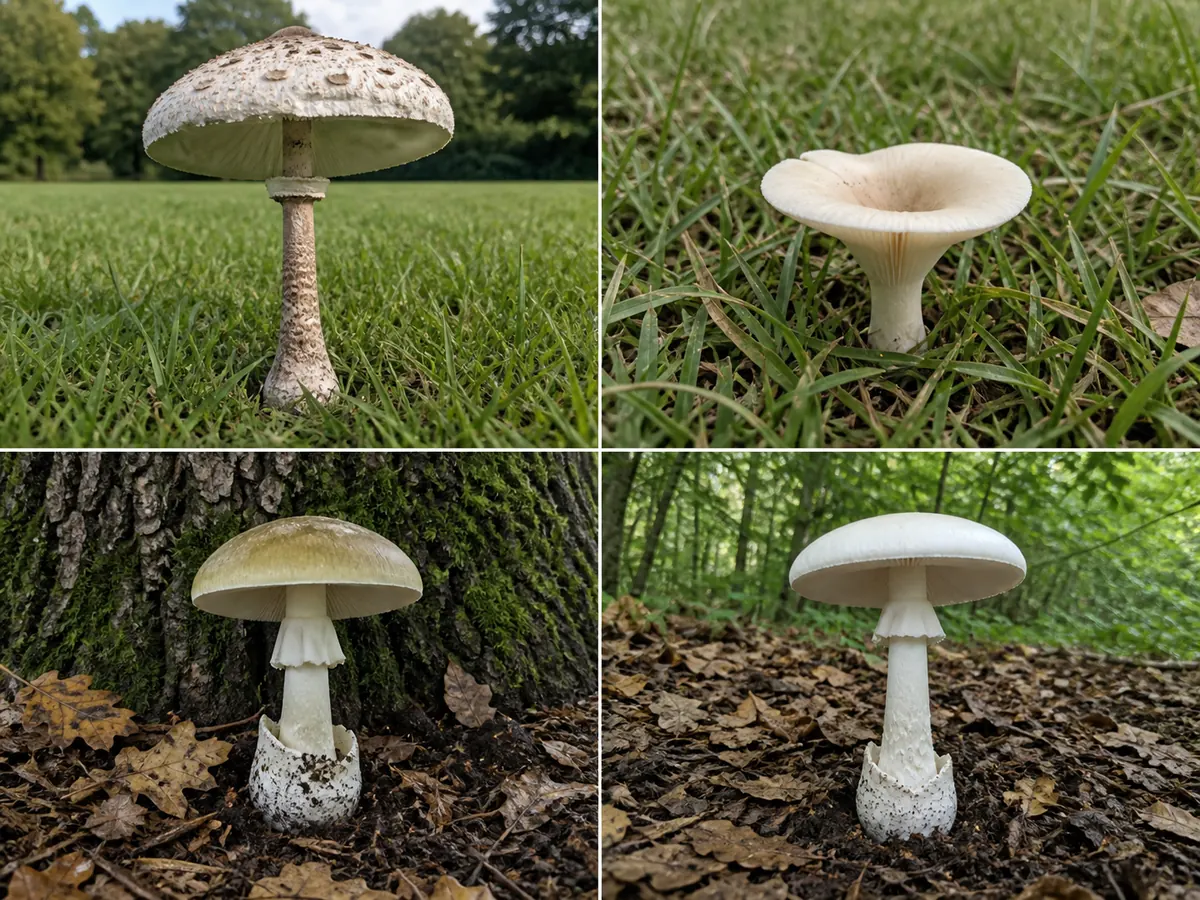Four-panel field-guide plate of green-spored parasol, a small pale funnel, death cap, and destroying angel with full bases visible