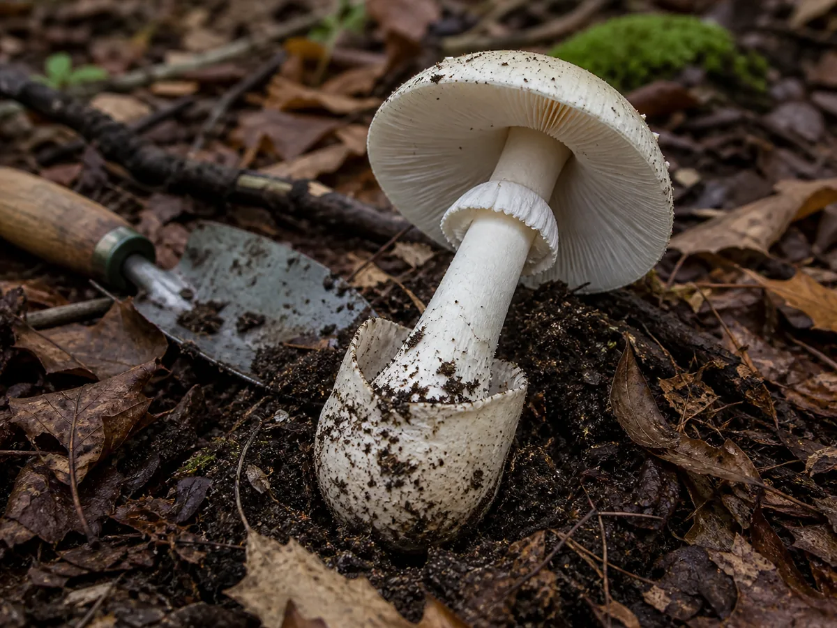 Pale wild mushroom lifted with white gills, ring, and cup-like base visible