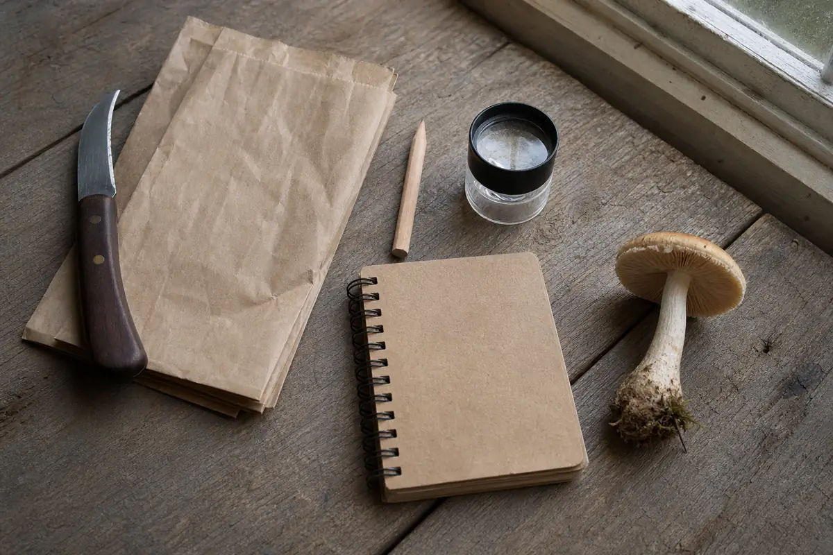Foraging knife, paper bags, pencil, hand lens, and notebook on a wooden table