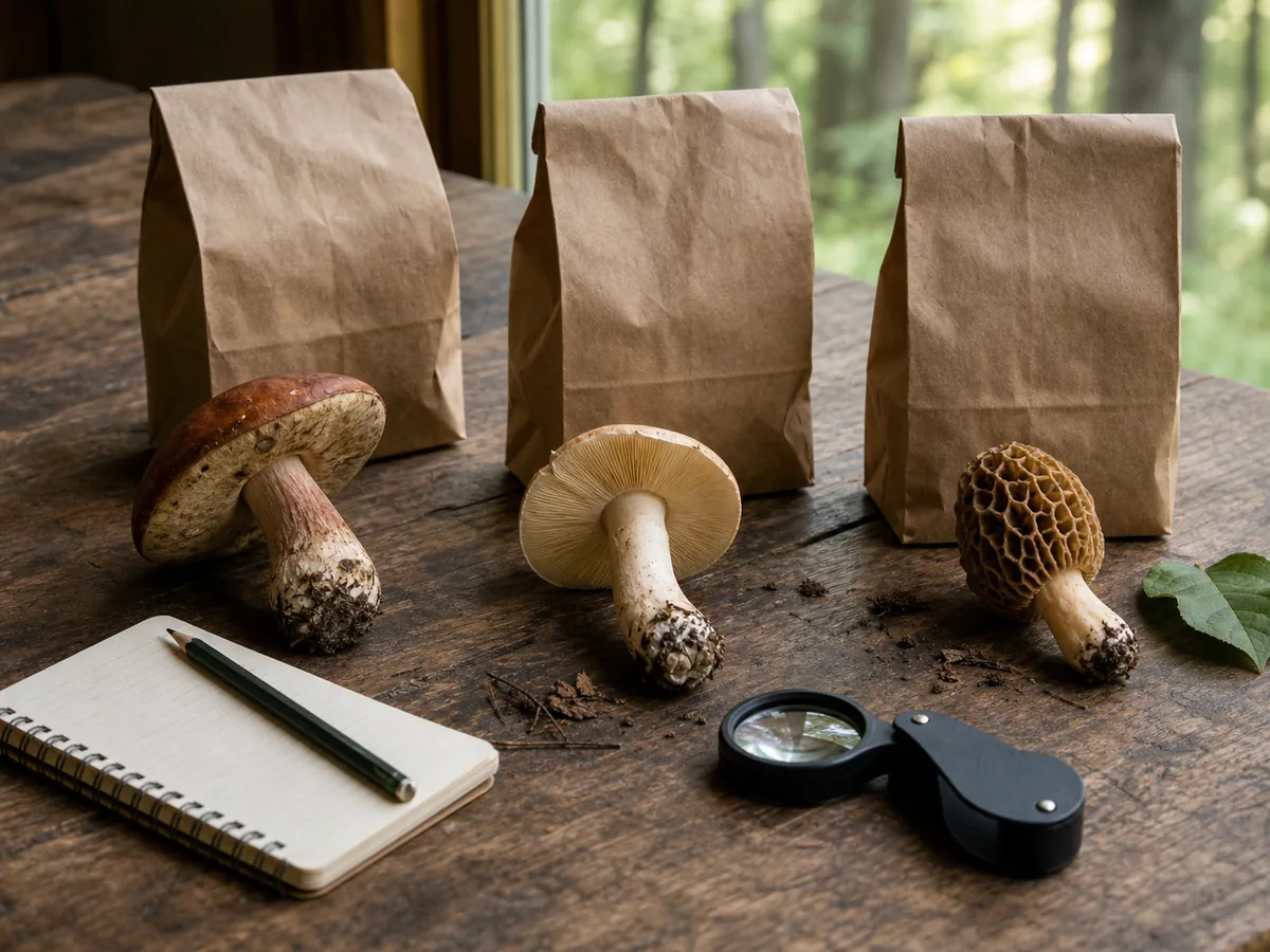 Separate wild mushroom specimens on paper bags for safety review