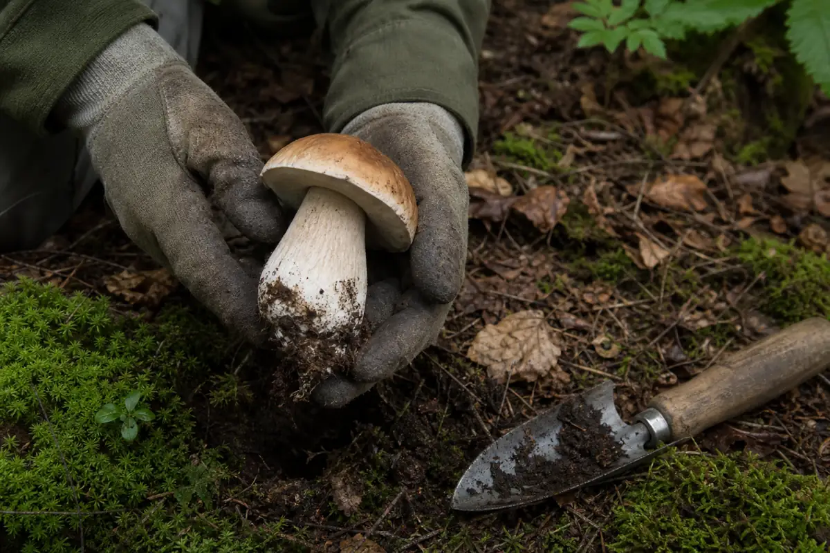A whole wild mushroom lifted with its base intact