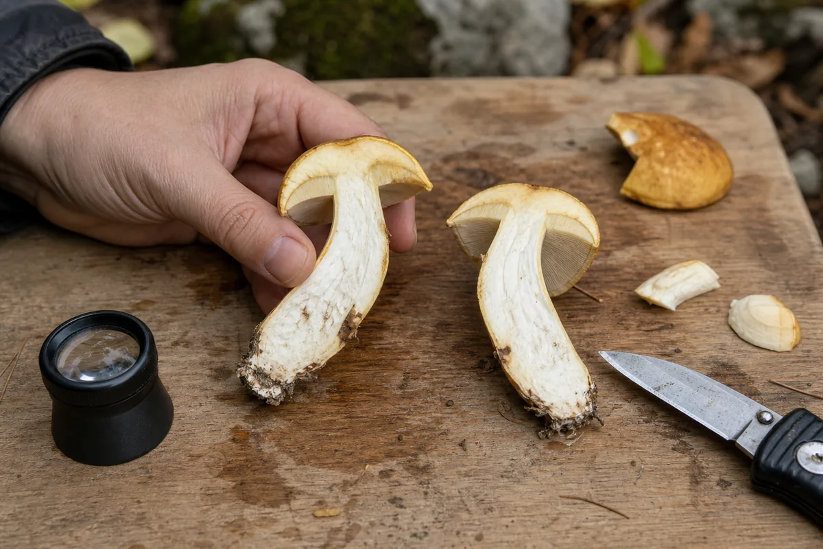 Cut wild mushrooms laid open for a lookalike safety check