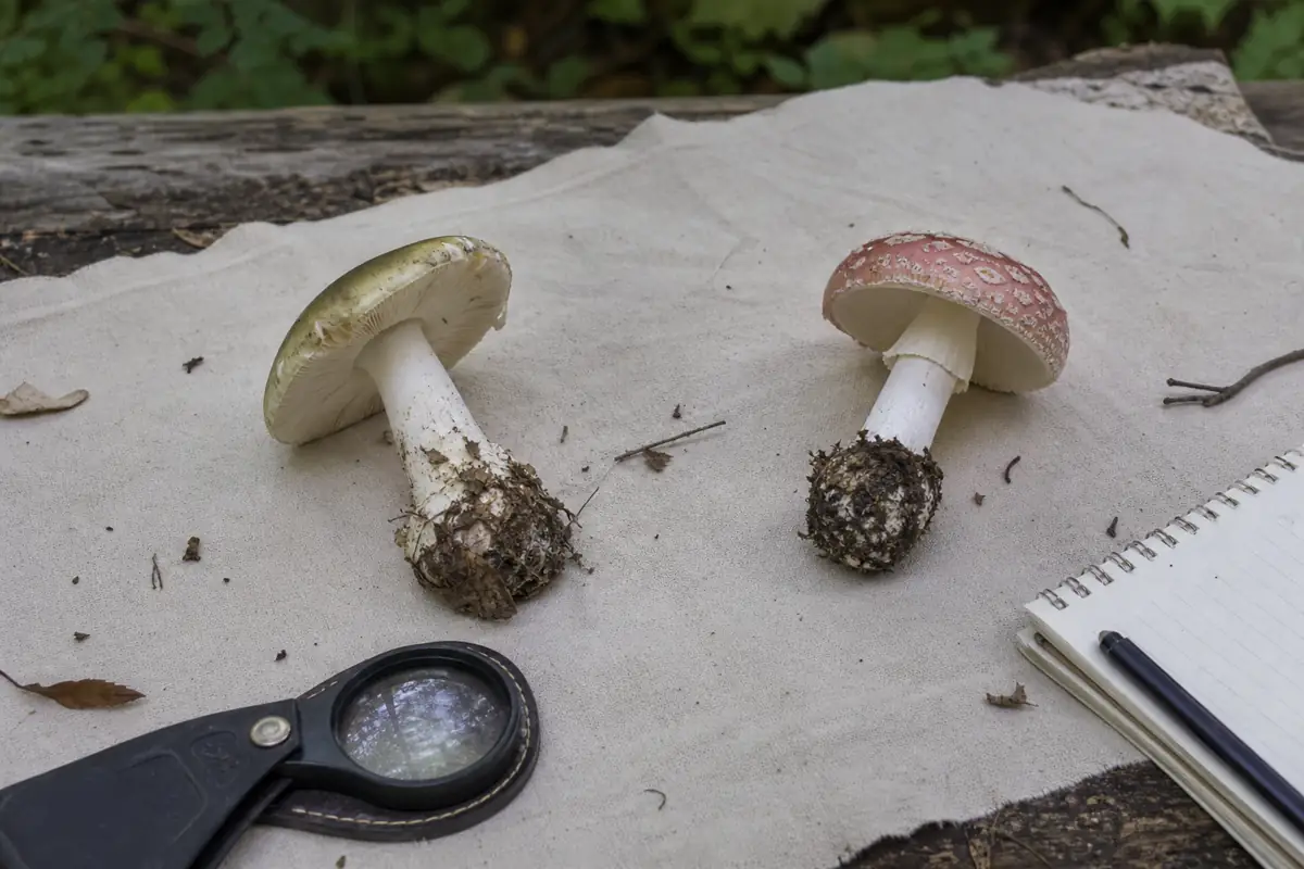 Two whole wild mushrooms laid side by side for a base and gill comparison