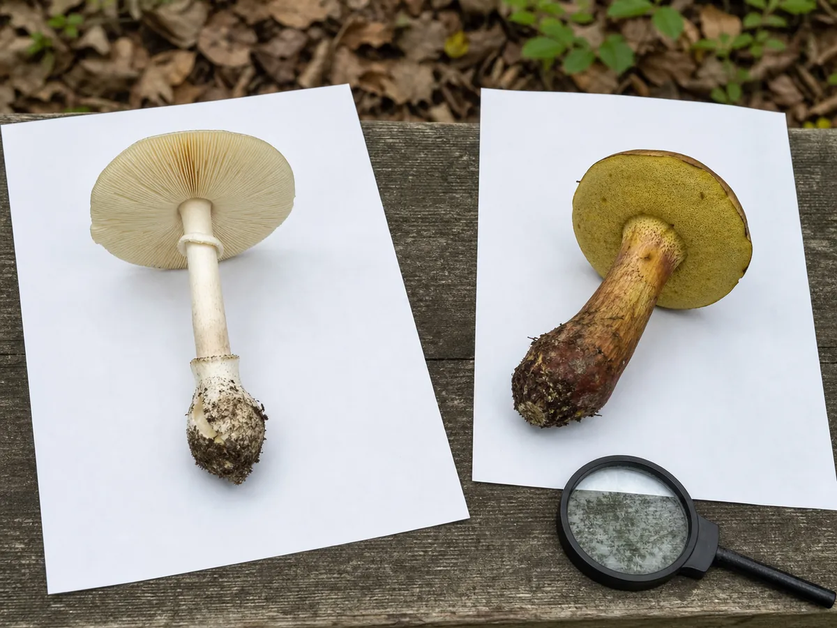 Two intact wild mushrooms kept separate for underside and stem-base comparison