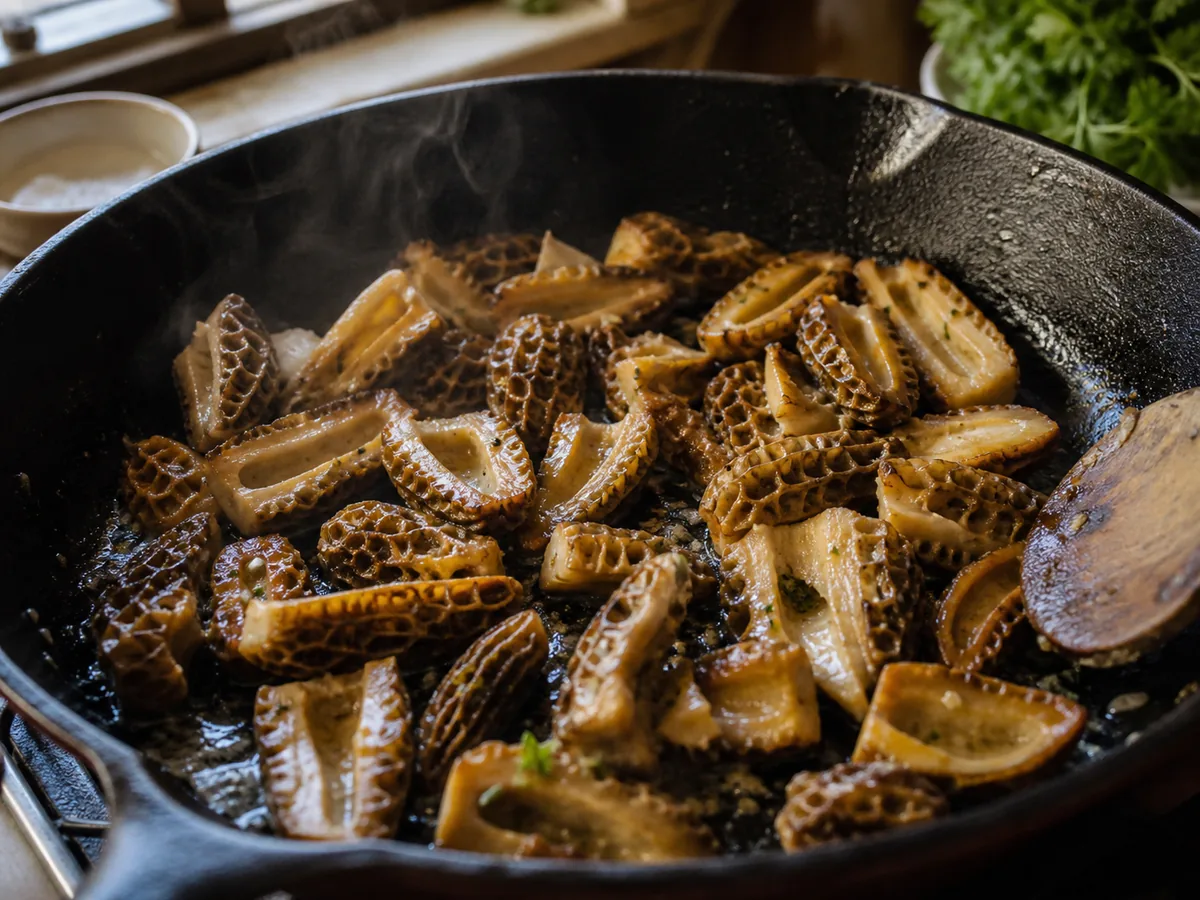 Halved morels browned until cooked through