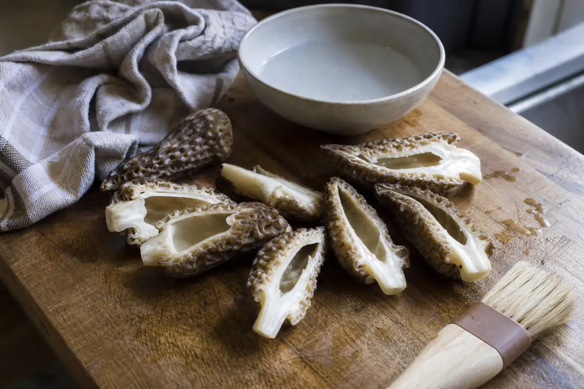 Morels cut lengthwise before cleaning