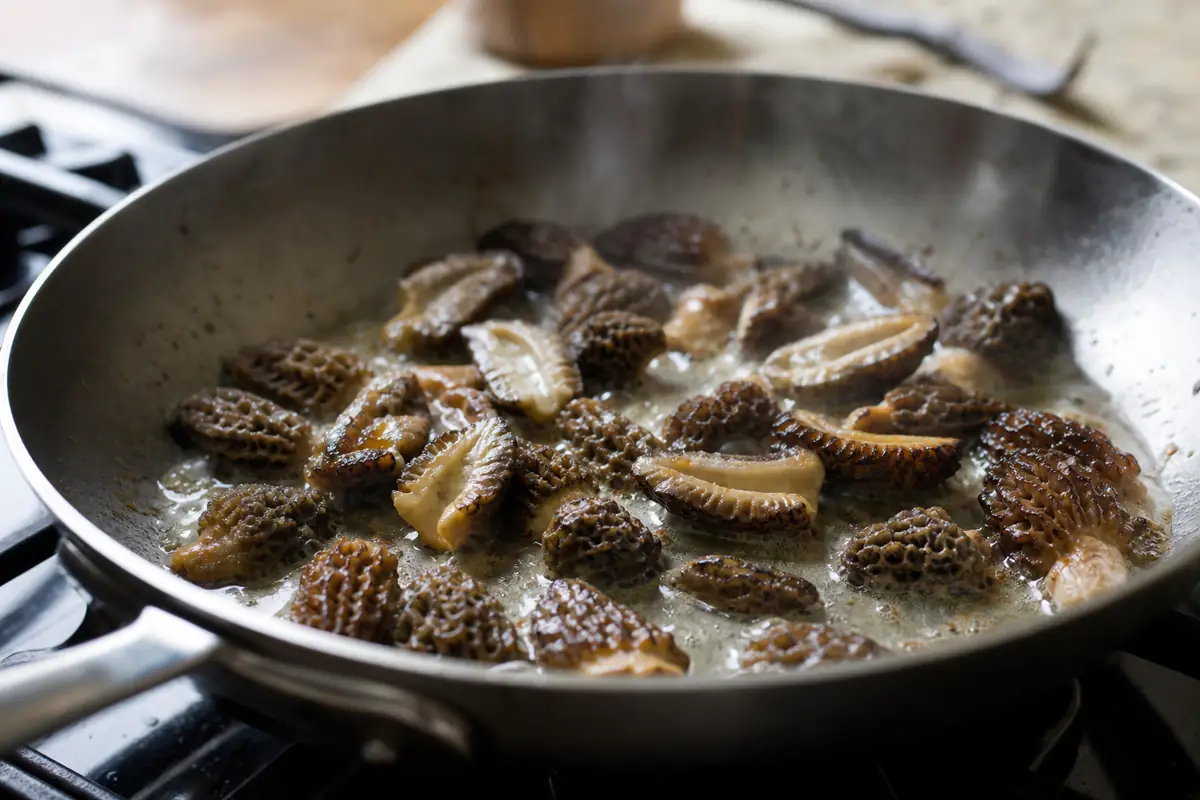 Halved morels cooking in butter in a wide skillet