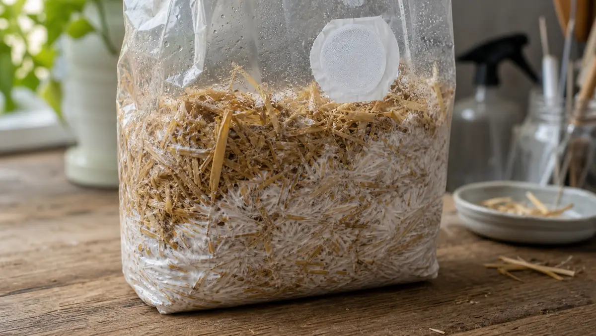 Oyster mushroom mycelium colonizing straw in a clear grow bag