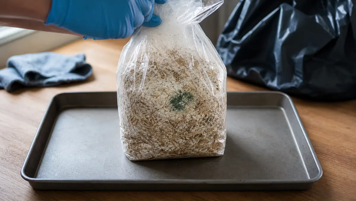 Contaminated oyster mushroom grow bag with green mold