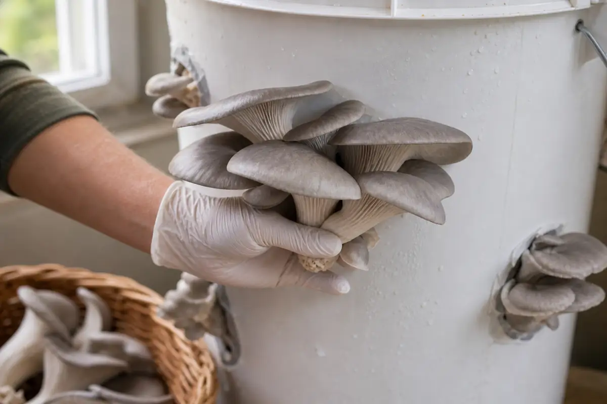 Mature oyster mushroom cluster being harvested from a bucket grow