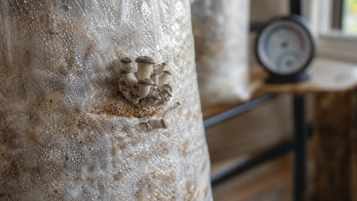 Small oyster mushroom pins forming at a slit in a grow bag