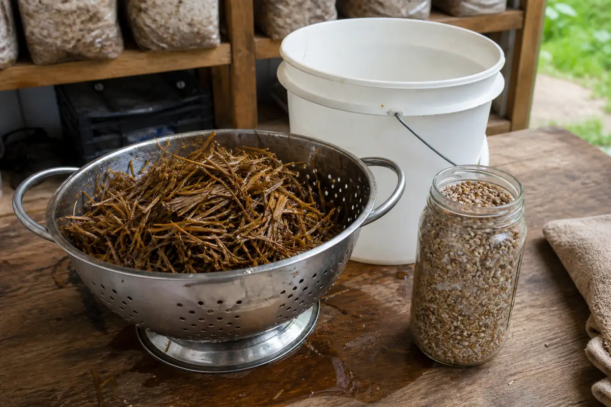 Pasteurized straw and oyster mushroom spawn prepared for a grow
