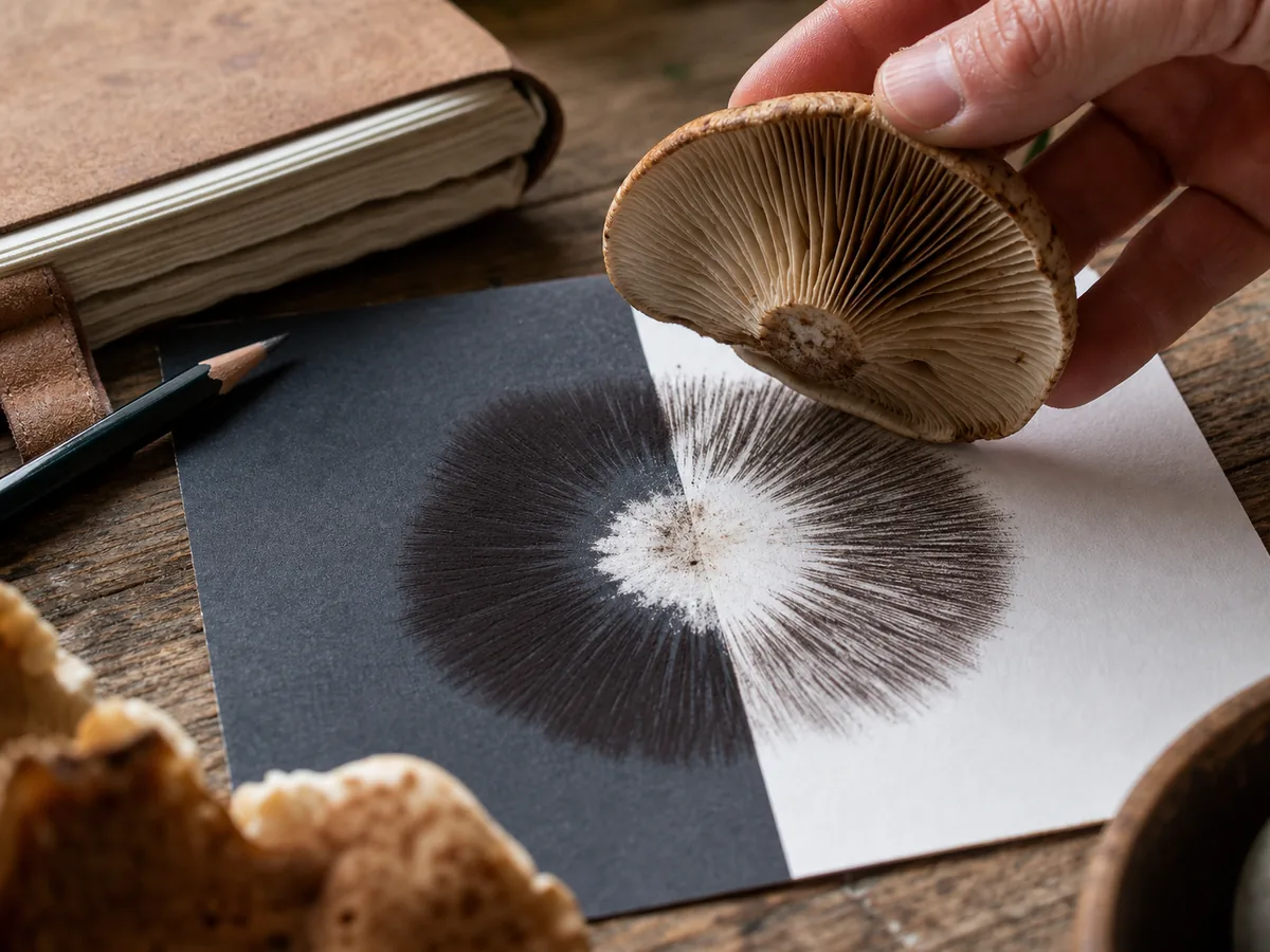 Mushroom cap lifted from a finished spore print on split paper