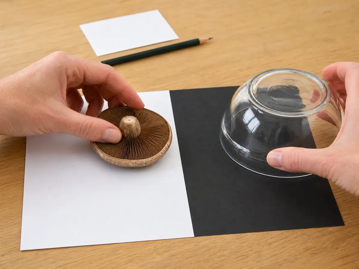 Hands placing a mature brown-gilled cap across white and black paper beside a clear cover - how to take a spore print