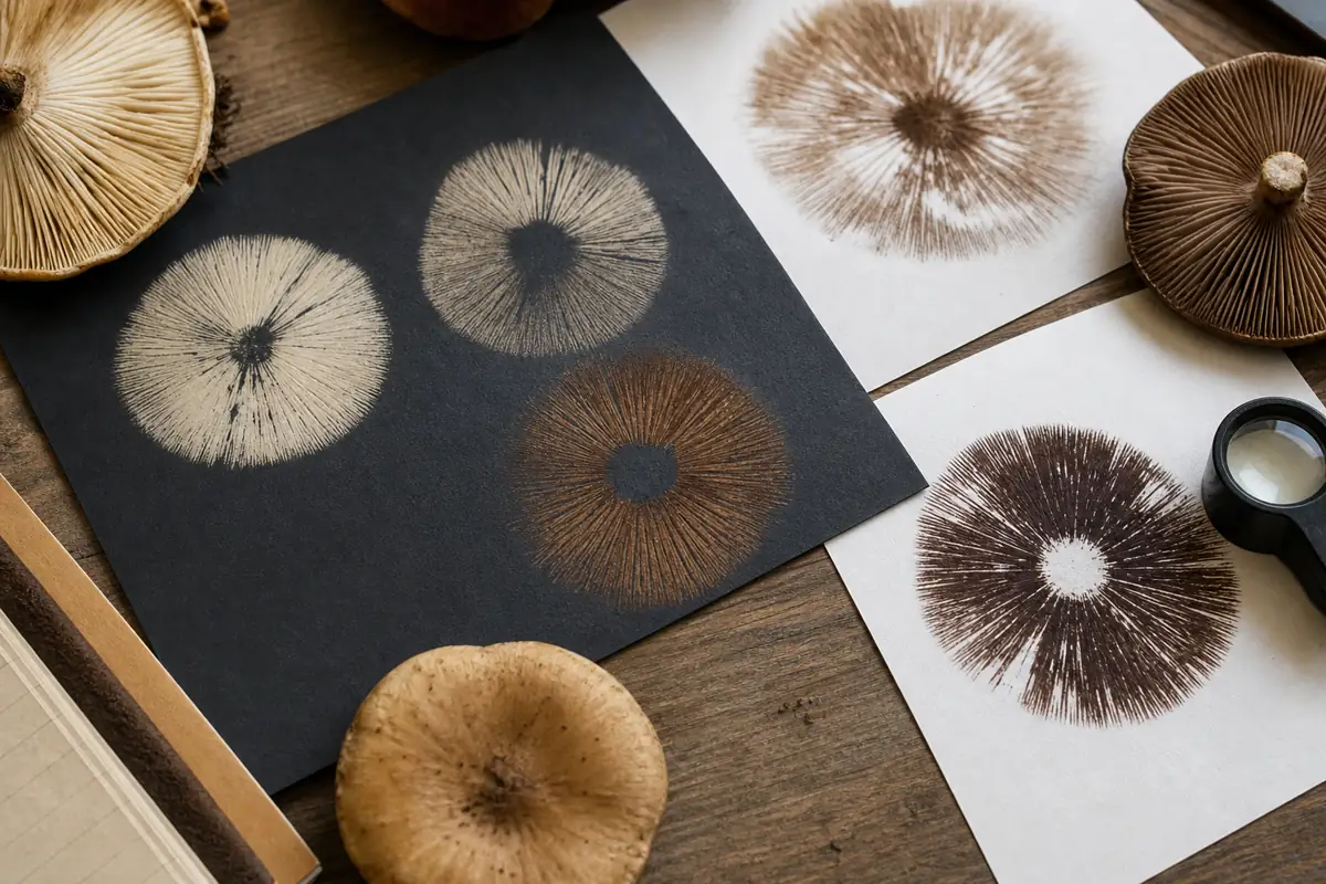 Several spore prints in pale, brown, and dark colors on black and white paper