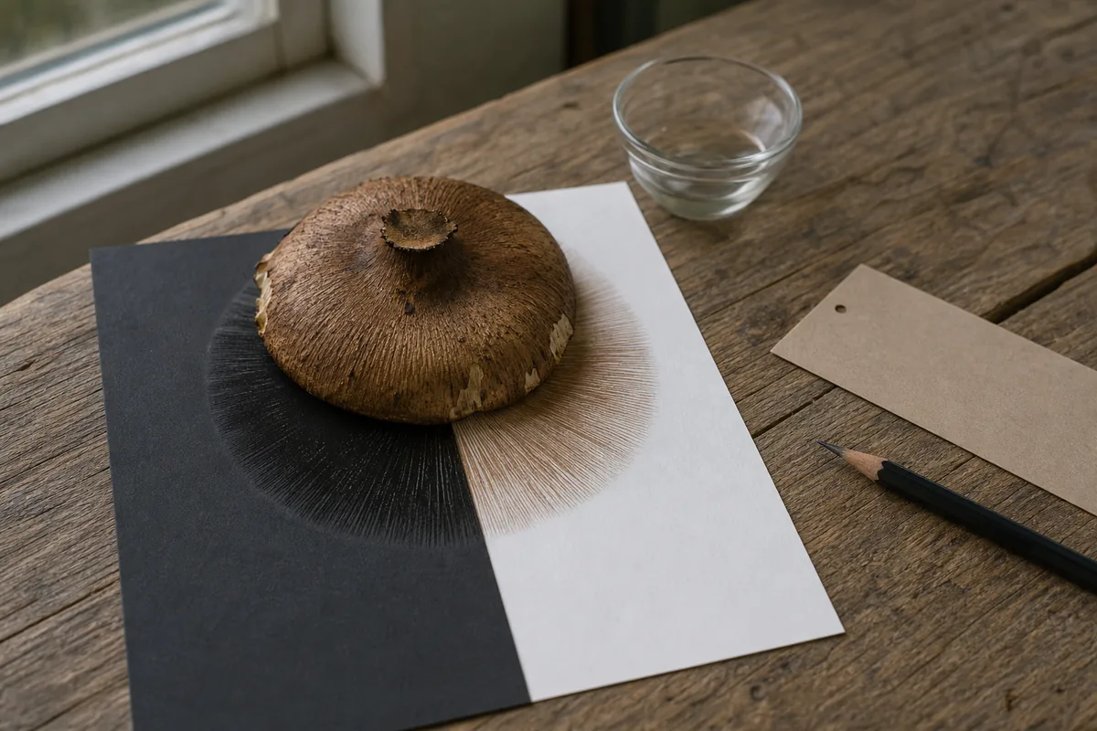 Mushroom cap on dark and light paper releasing a spore print