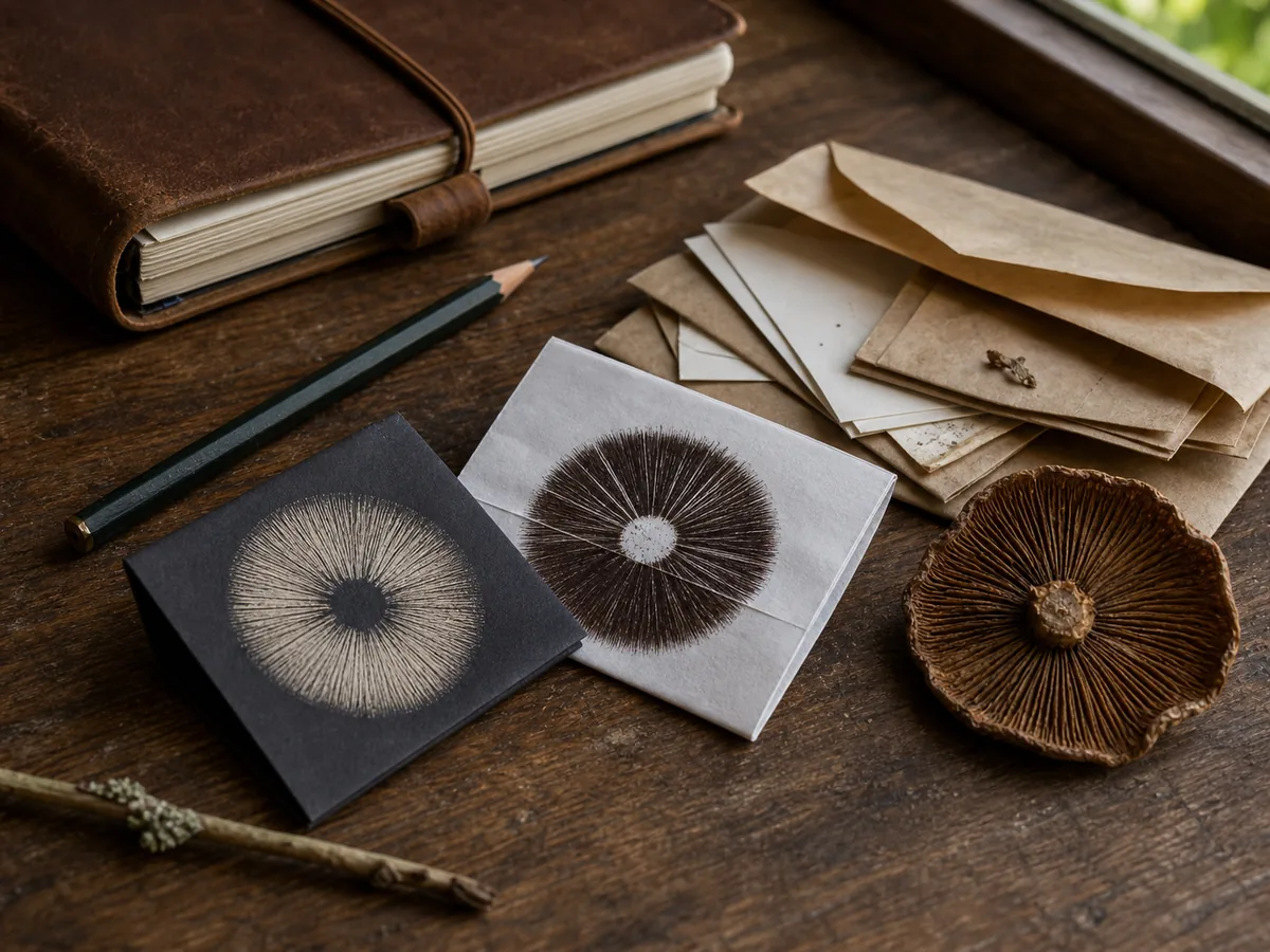Stored spore print papers with field notebook and dried mushroom cap