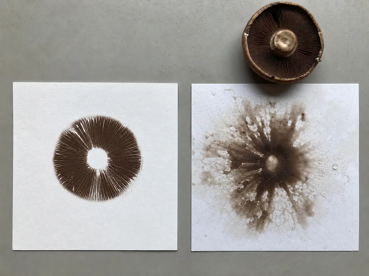 Clean dry radial spore print beside a watery smeared print from the same brown-gilled cap - spore print mistakes
