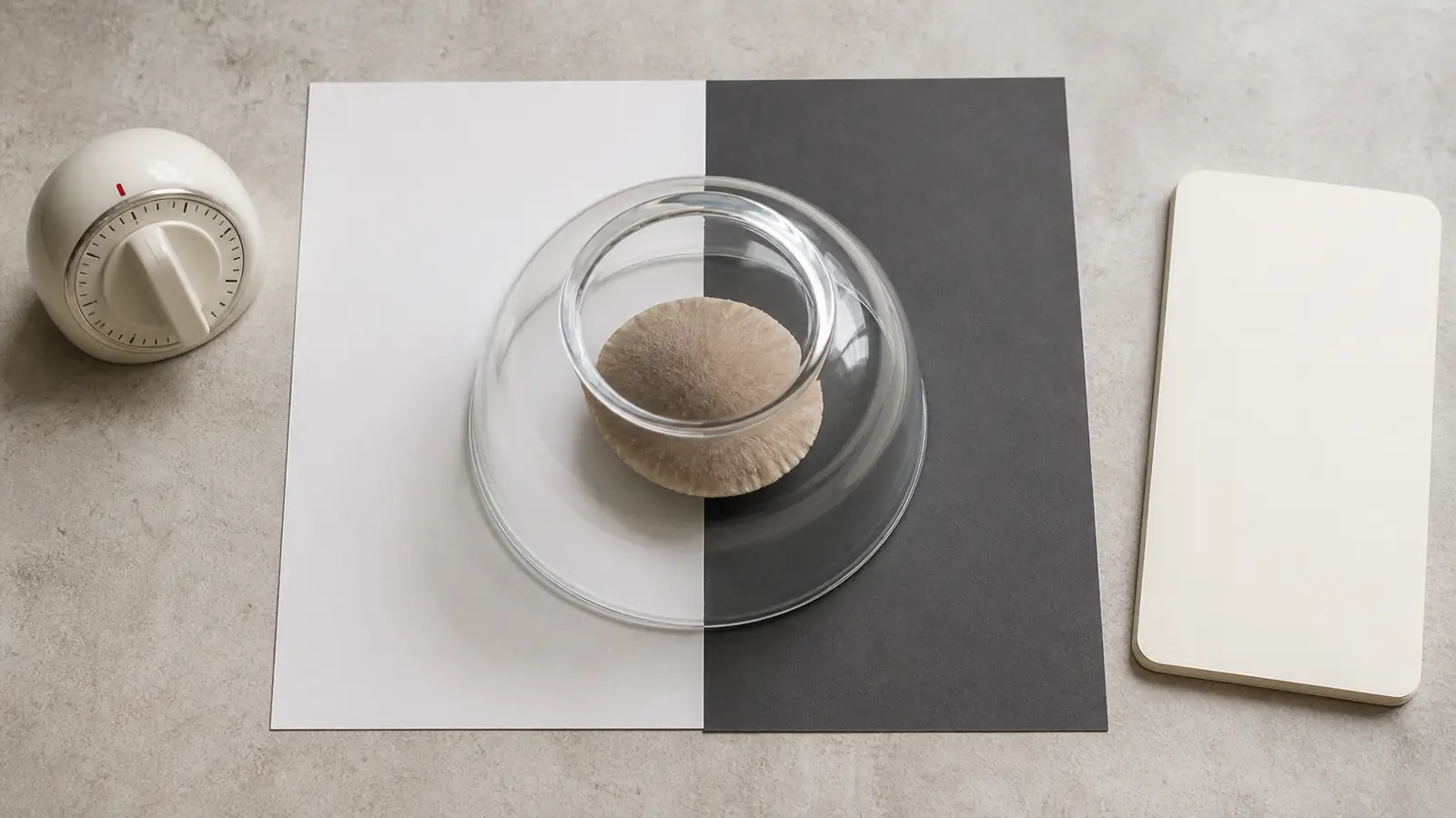 Covered mushroom cap on light and dark paper beside a timer and notebook for making a spore print