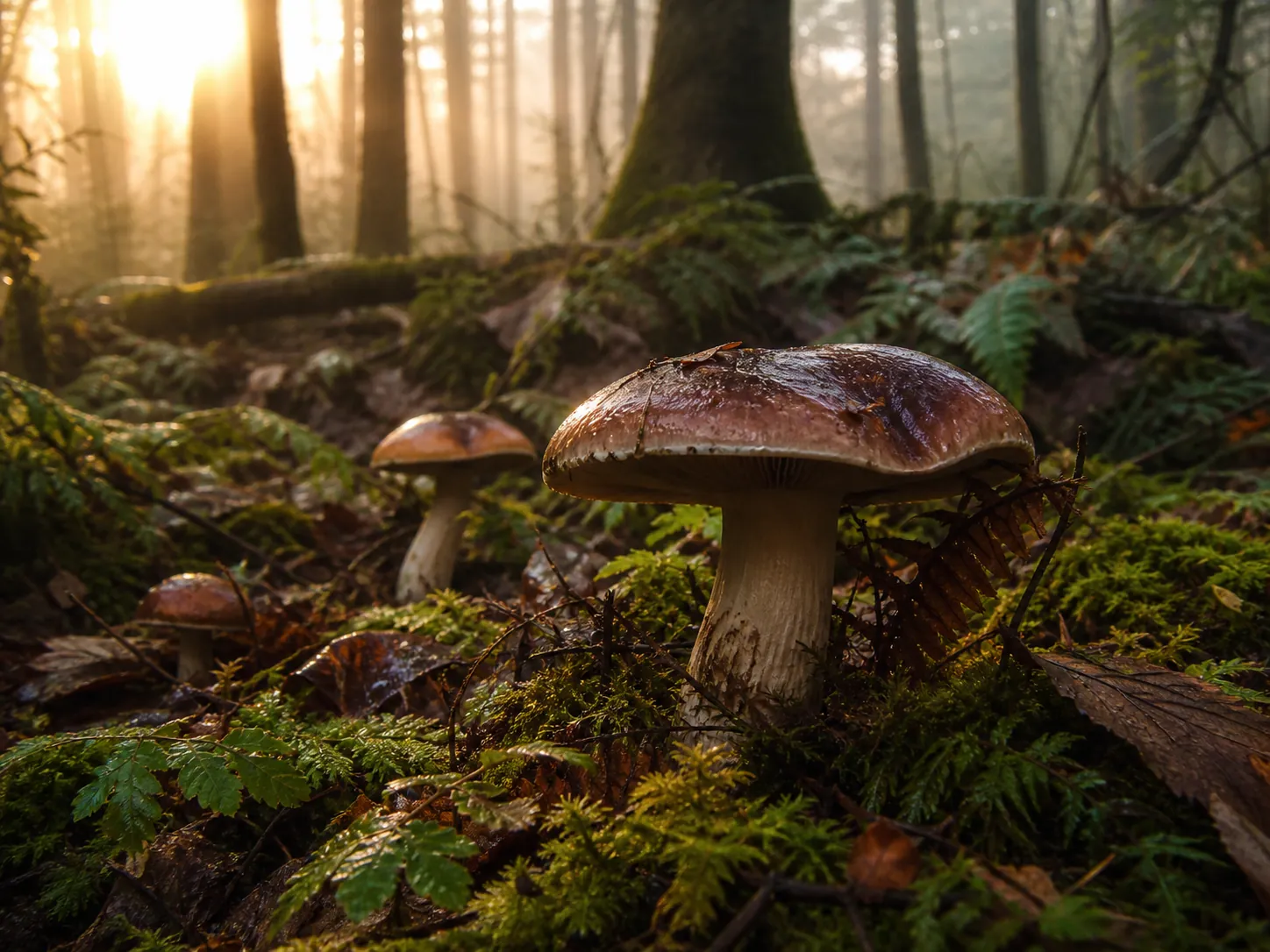 Wild mushrooms on a forest floor