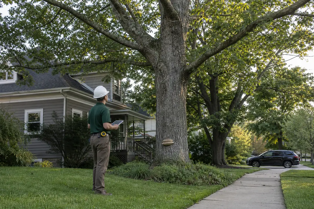 Arborist assessing a conk-bearing tree near a home and pedestrian path