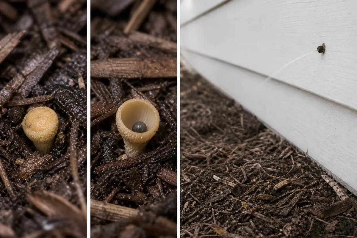 Tiny artillery fungus cup opening in damp mulch and launching one dark sticky packet toward light house siding