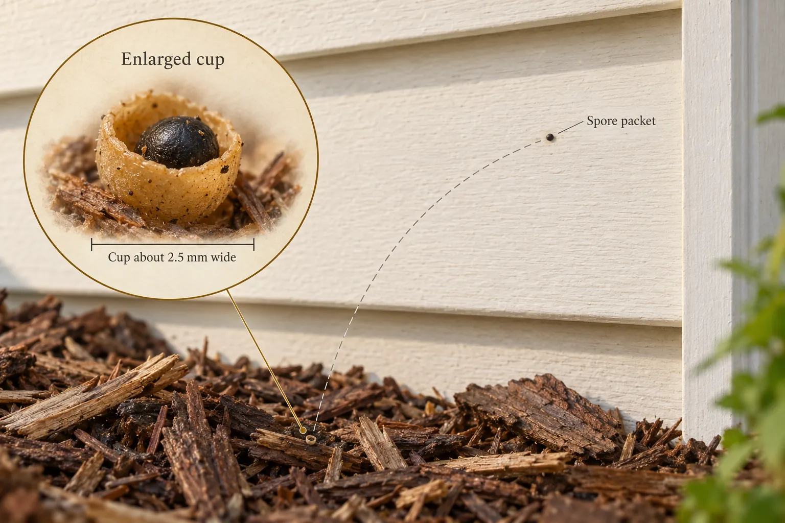 Enlarged tiny artillery fungus cup and one dark packet, with the packet traveling from mulch to light siding