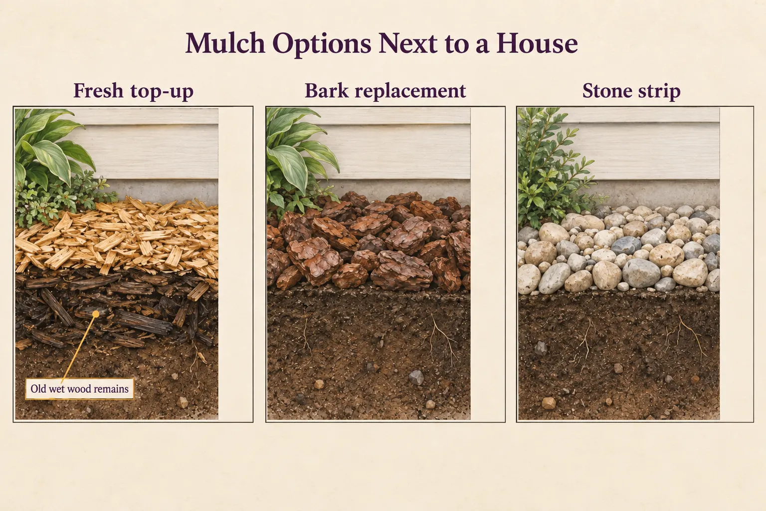 Illustrated layer comparison of fresh chips over old wet wood, bark-rich replacement and a stone strip beside siding
