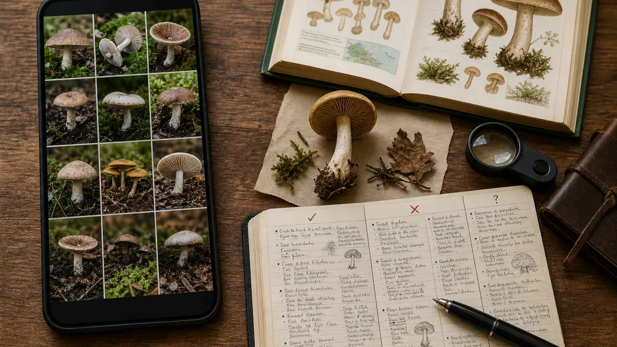 Phone candidate list beside a field guide and handwritten contradiction ledger