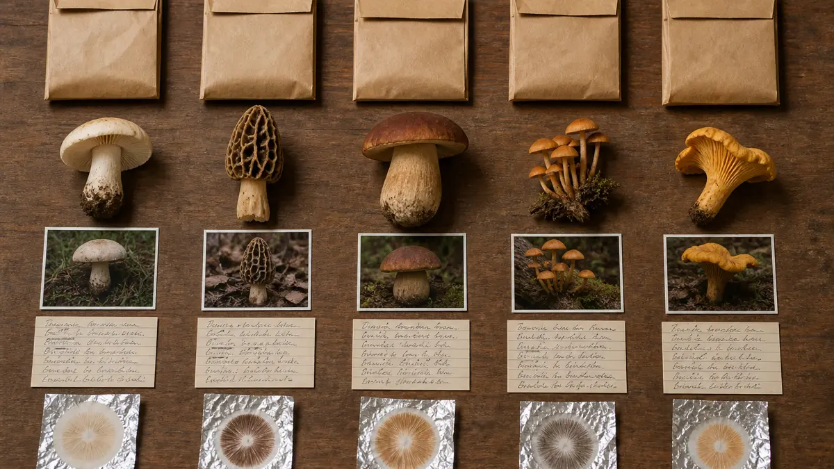 Five numbered paper packets with field notes, photographs, and spore deposits
