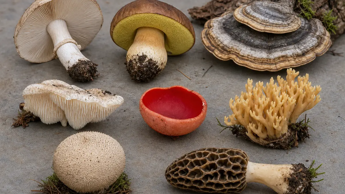 Gilled mushroom, bolete, polypore, tooth fungus, cup fungus, coral, puffball, and morel arranged as broad form groups