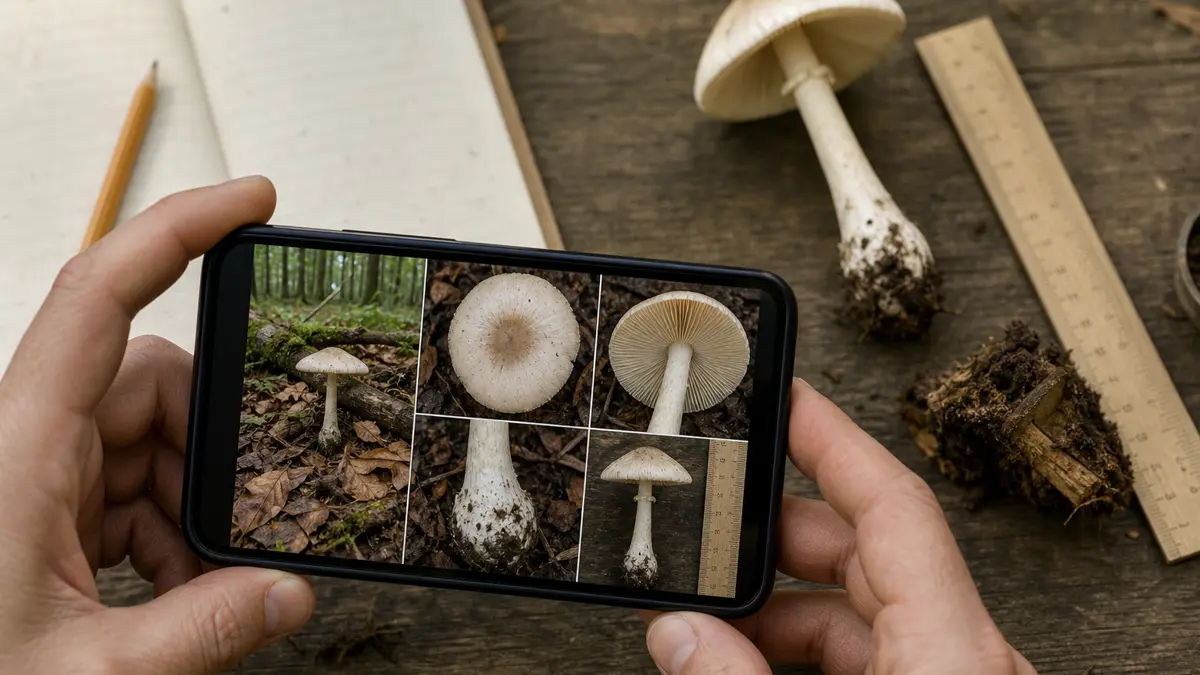 Habitat, cap, underside, full stem base, and scale views of one mushroom