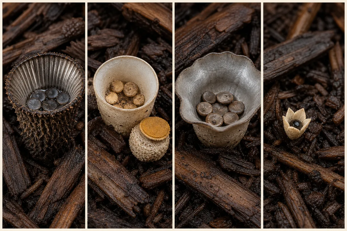 Four-panel field-guide comparison of a grooved shaggy cup, a pale smooth cup with a mustard lid, a silvery flared cup, and a tiny single-packet artillery fungus cup