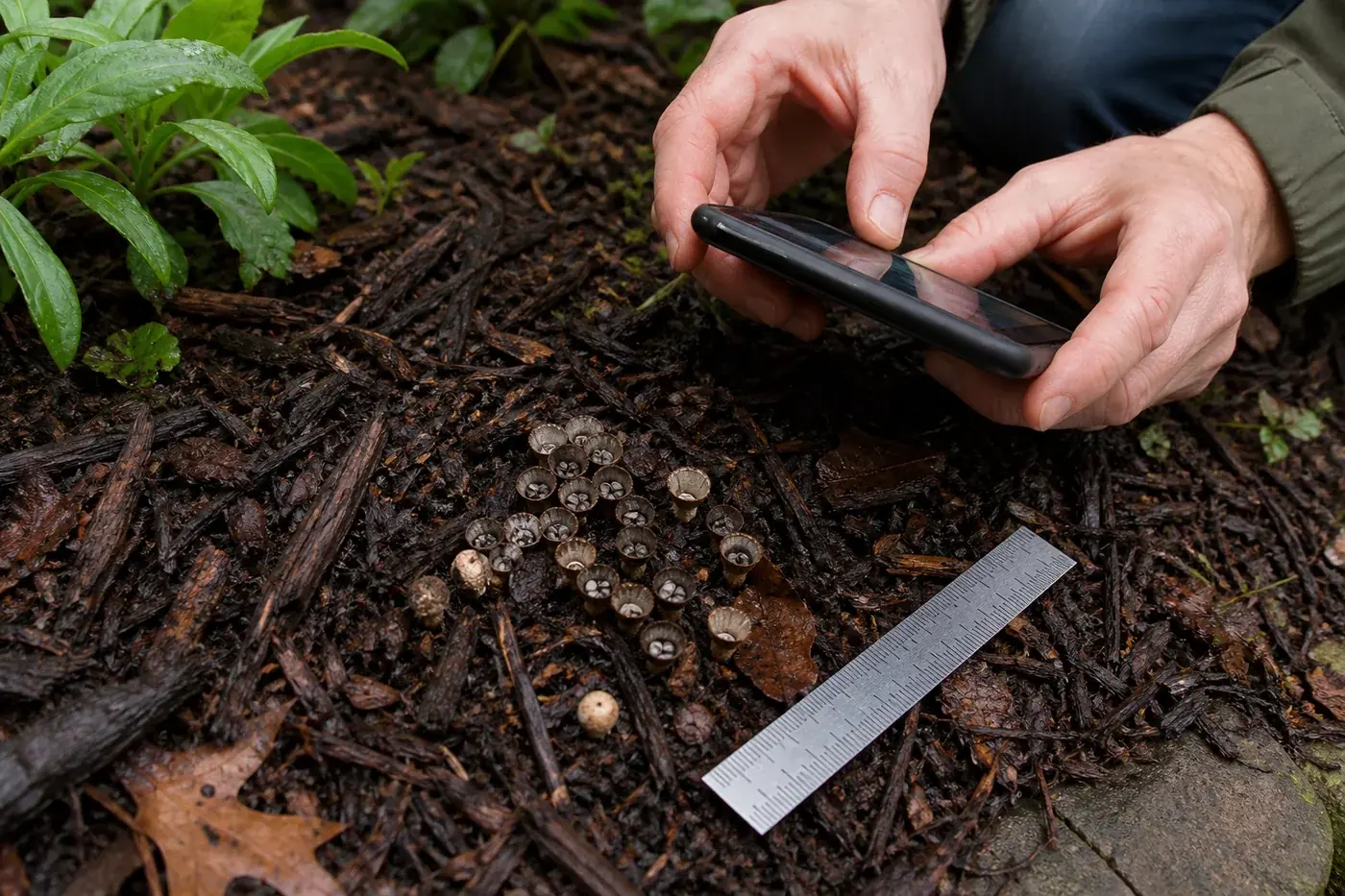 A person photographs a small bird's nest fungus colony beside a metric ruler without disturbing the damp mulch