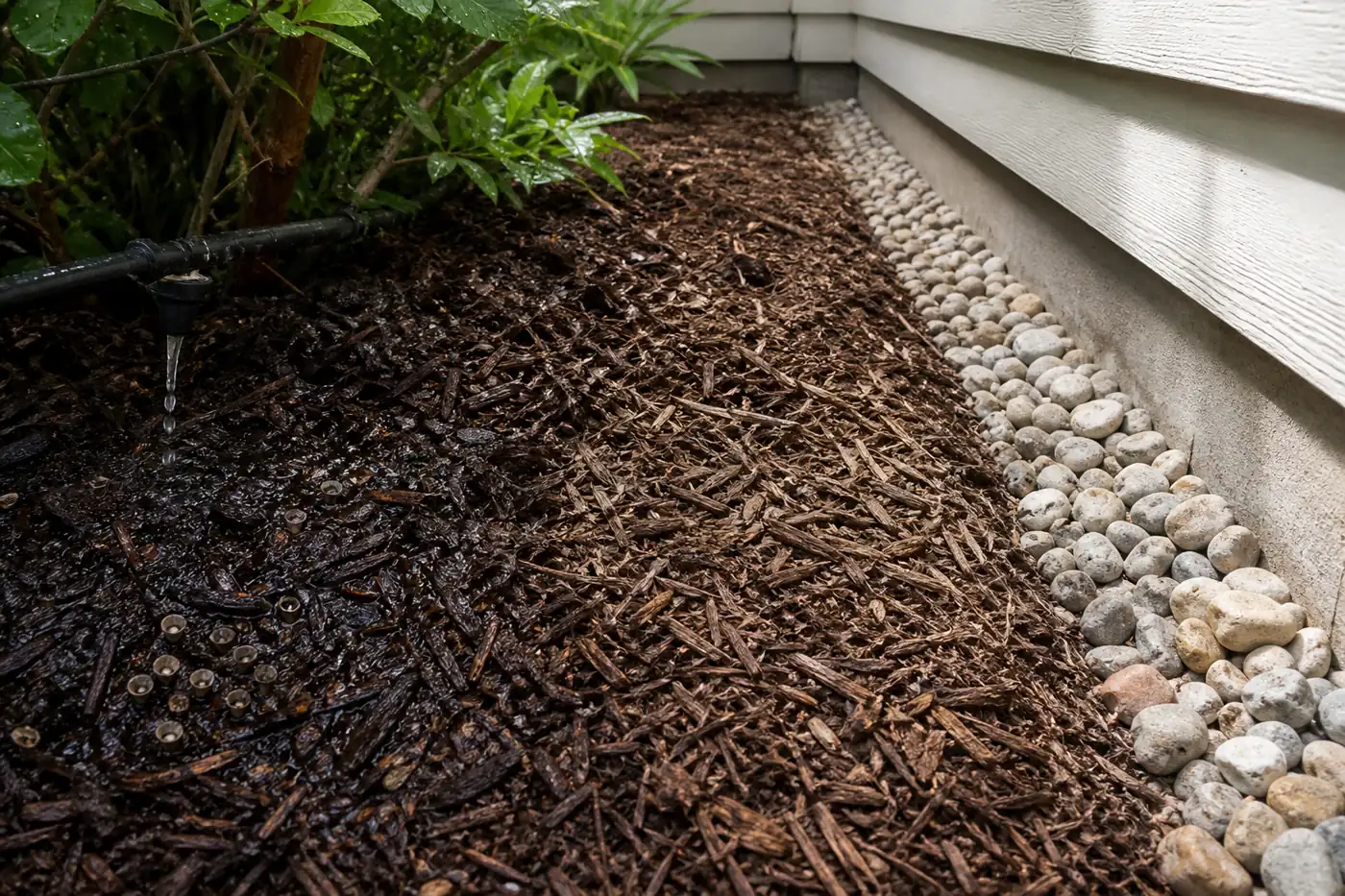 Shaded garden bed changing from wet colonized wood mulch near siding to a raked drier layer and a narrow stone buffer