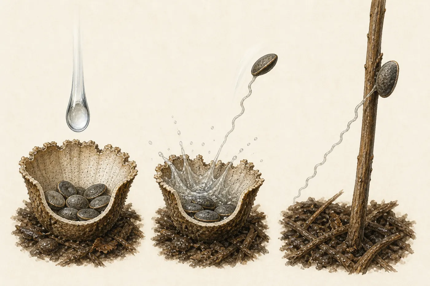Rain striking a bird's nest fungus cup, ejecting a dark peridiole, and extending its fine cord toward nearby plant debris