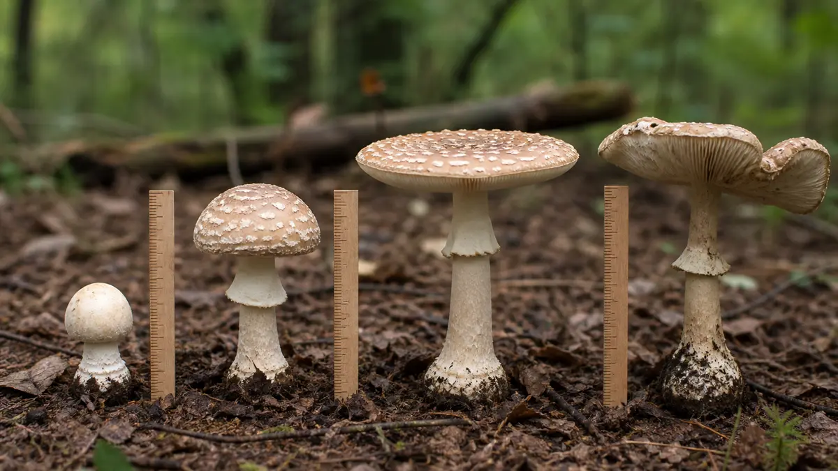 Button, convex, flat, and uplifted stages of one mushroom collection beside a ruler