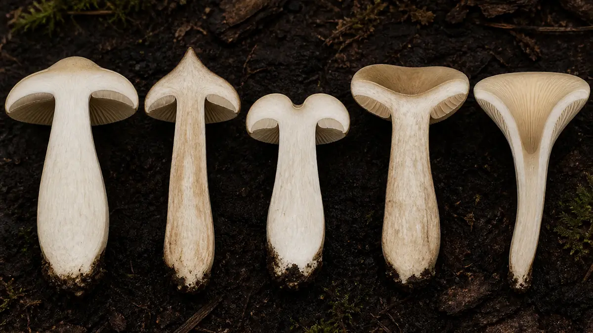 Central cross-sections of umbonate, papillate, umbilicate, depressed, and funnel-shaped mushroom caps