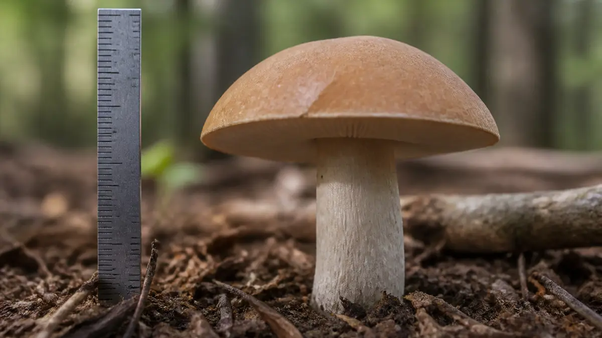 Side-profile mushroom photographed at cap height beside a ruler