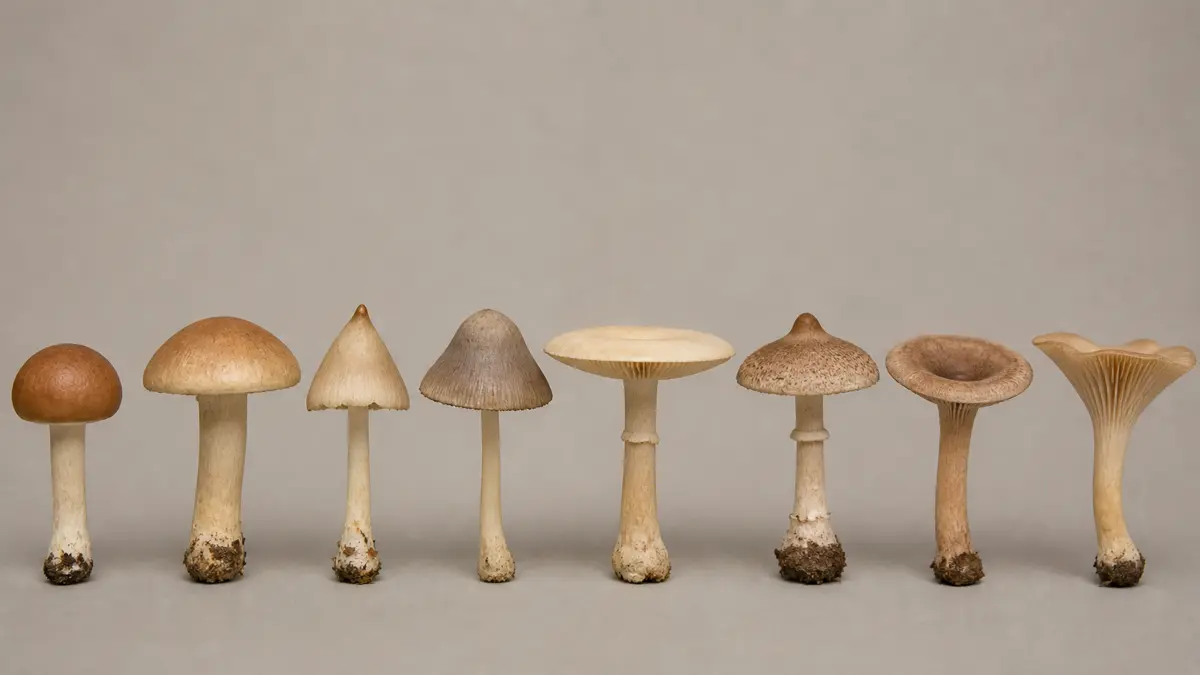 Convex, hemispherical, conical, bell-shaped, flat, depressed, funnel-shaped, and umbonate mushroom cap profiles