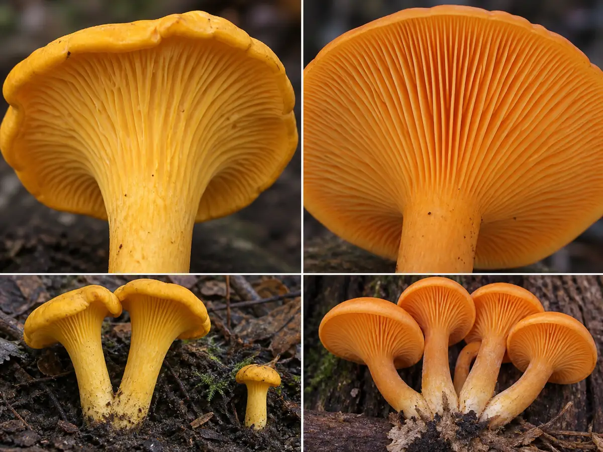 Young chanterelle ridges and young Jack O'Lantern gills compared at the stem junction with their growth attachments intact