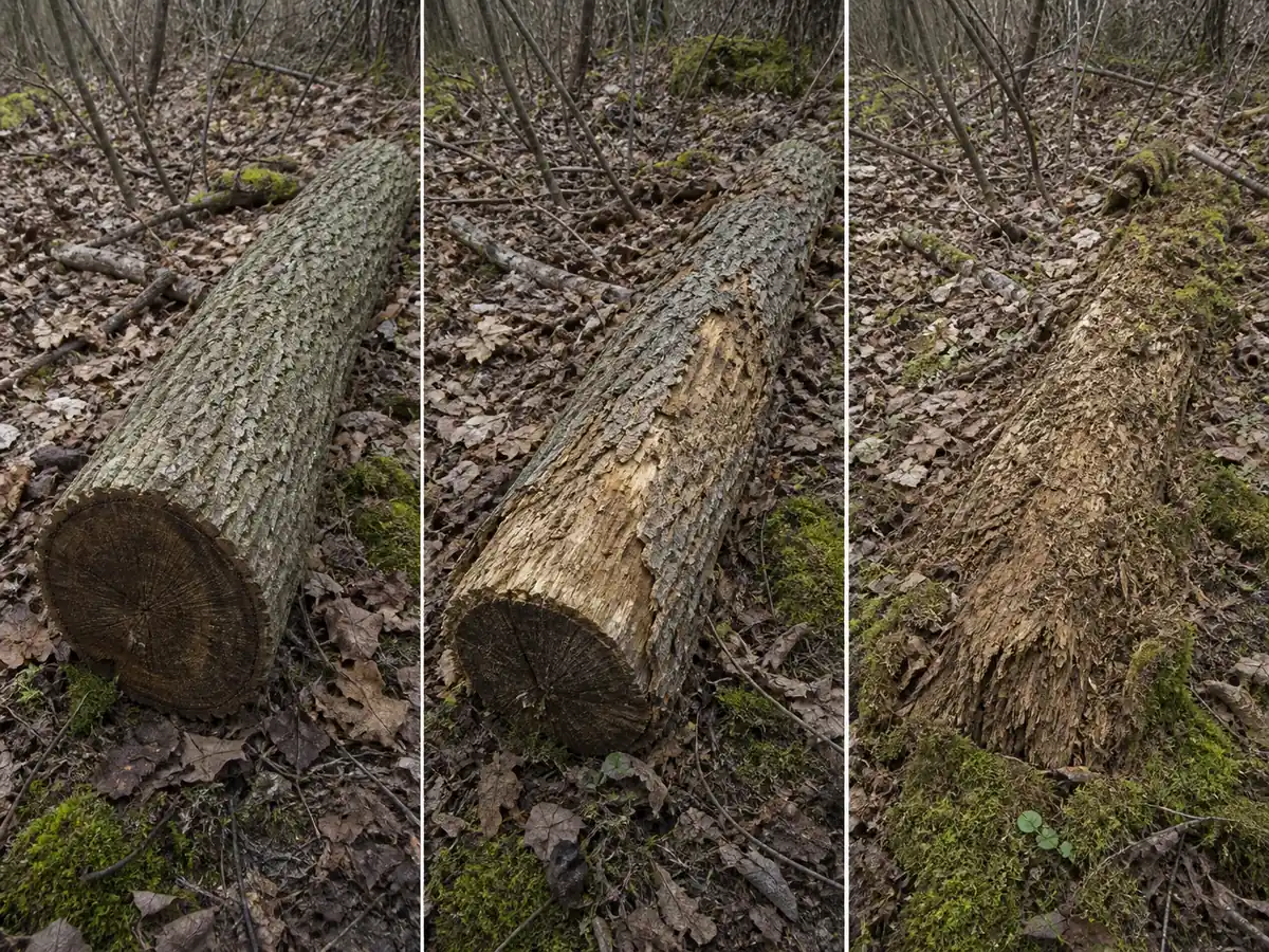 Early, middle, and advanced physical decay stages shown on matching sections of a fallen log