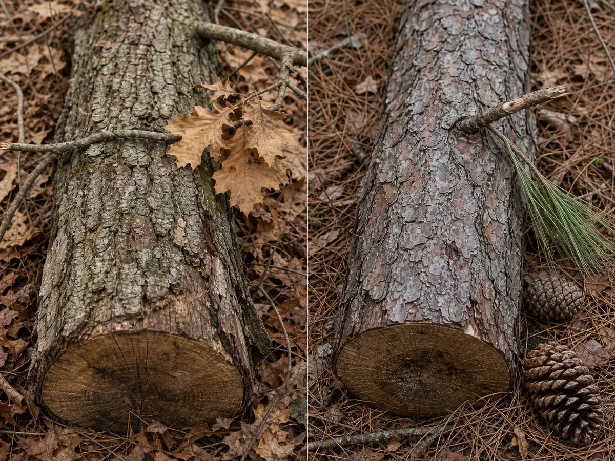 Weathered oak and pine log sections shown with remaining bark, end grain, leaves, needles, and cones