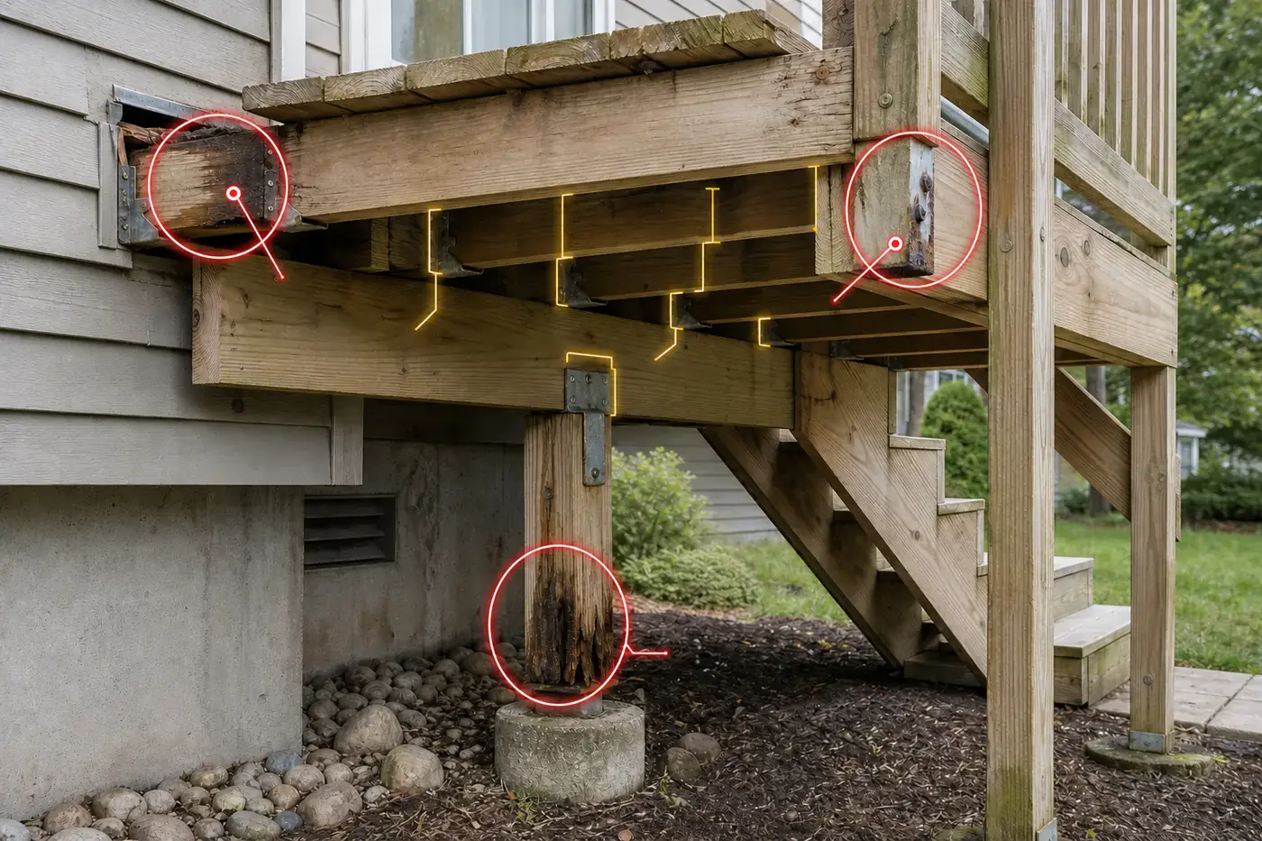 Oblique deck framing diagram highlighting the house ledger, beam seat, joist end, post base, stair stringer, guard post, and corroded connection as inspection stop points